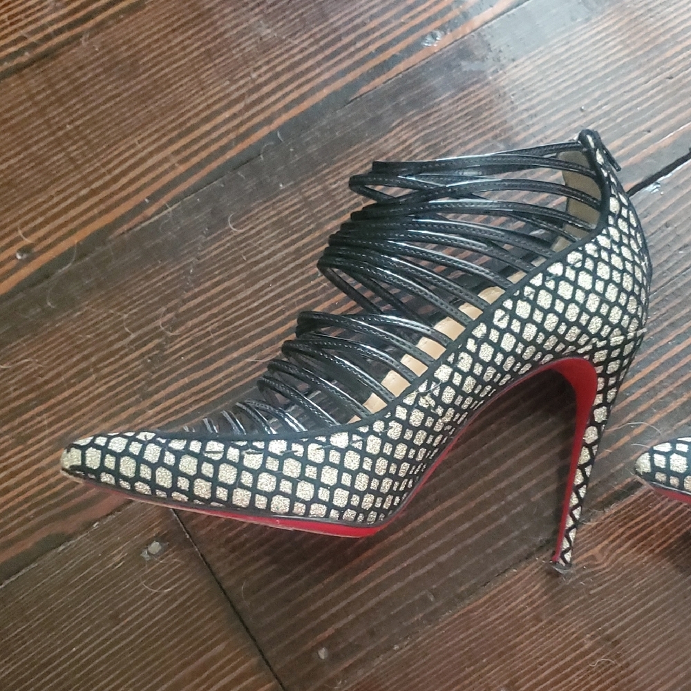 Christian Louboutin Black Strappy Cage Pointed Toe Heels with Red Soles - Picture 6 of 11